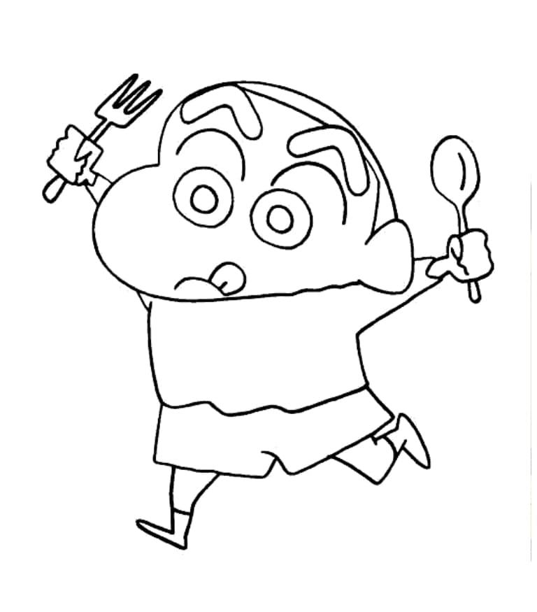 Shin chan with fork and spoon coloring page