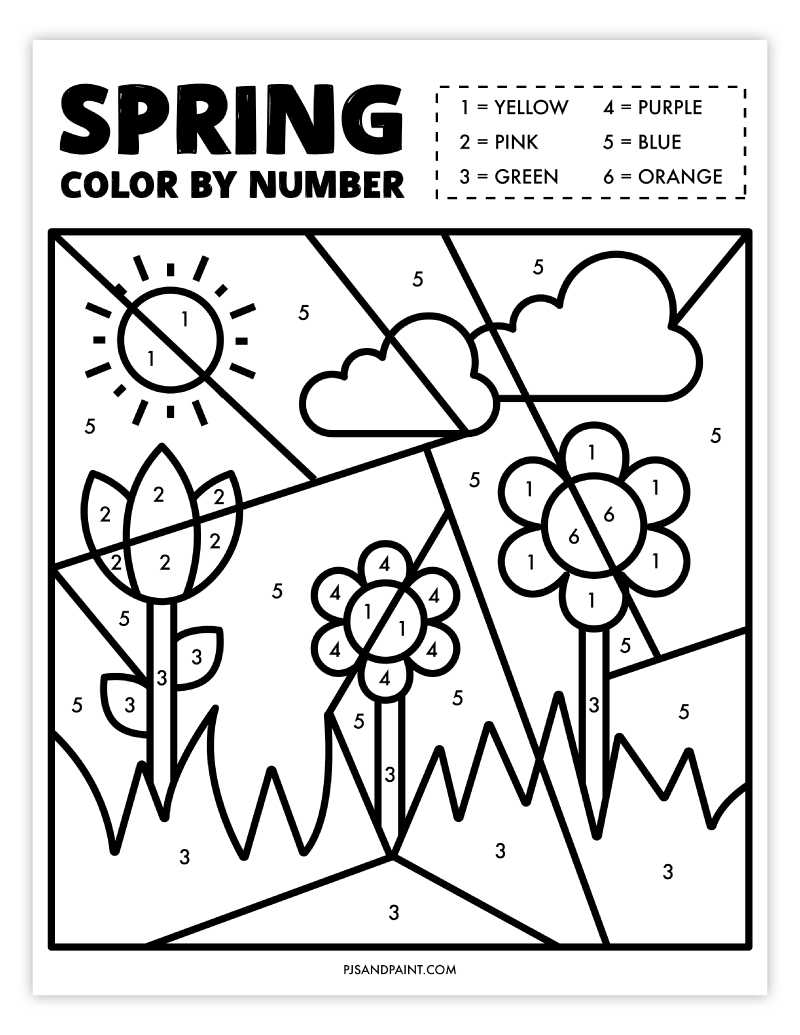 Free printable spring color by number worksheet