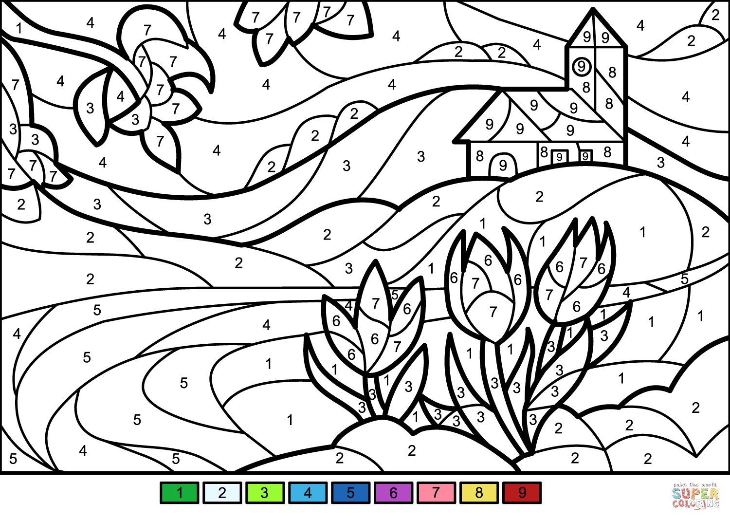 Spring scene color by number free printable coloring pages