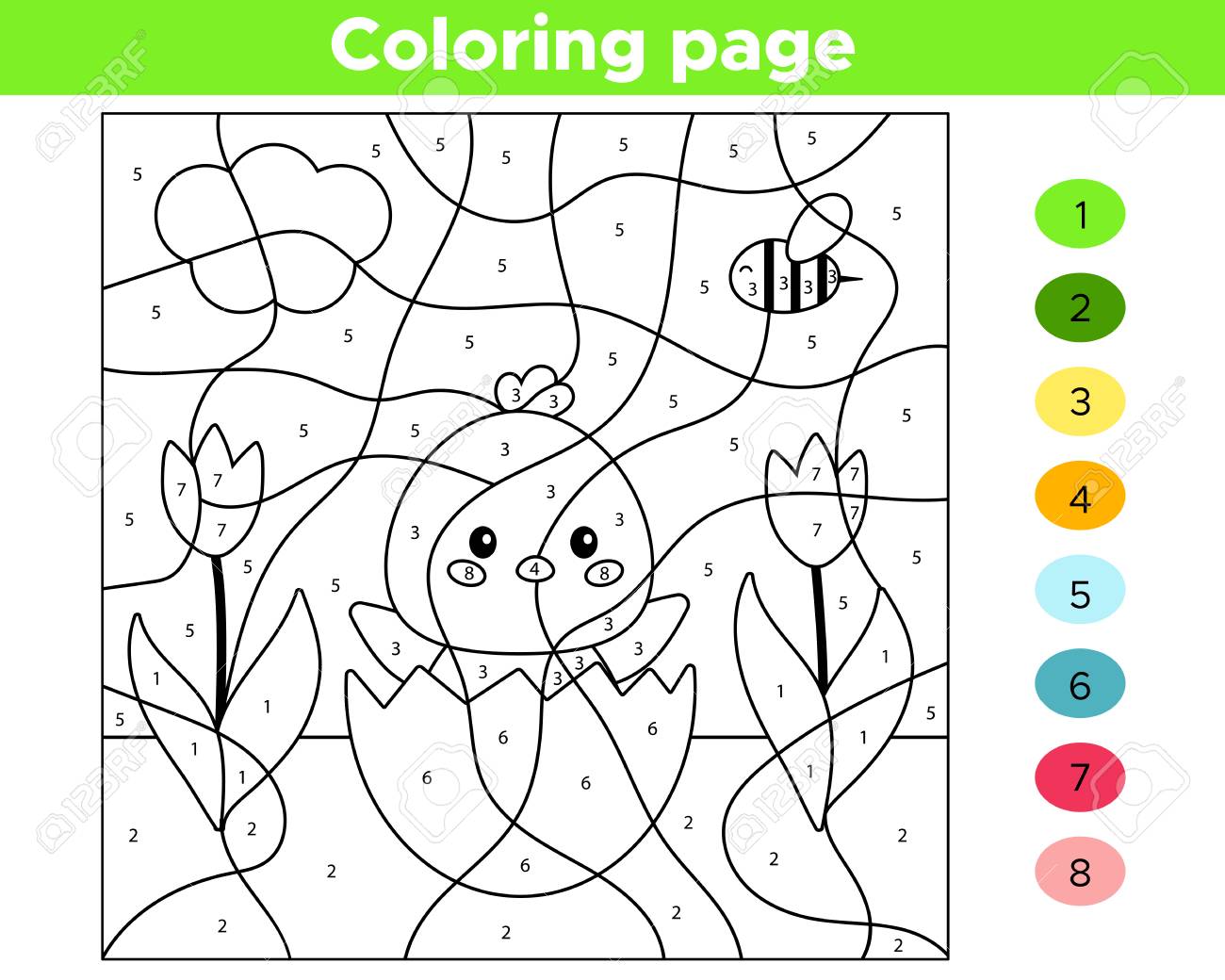 Educational number coloring page for preschool children vector kawaii chick hatched from egg spring flowers royalty free svg cliparts vectors and stock illustration image