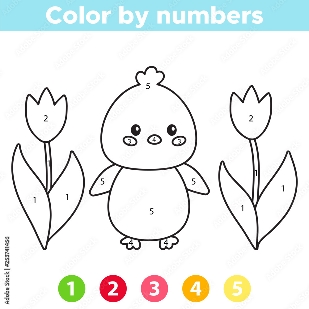 Color by number for preschool kids coloring page or book with cute kawaii chick and spring flowers