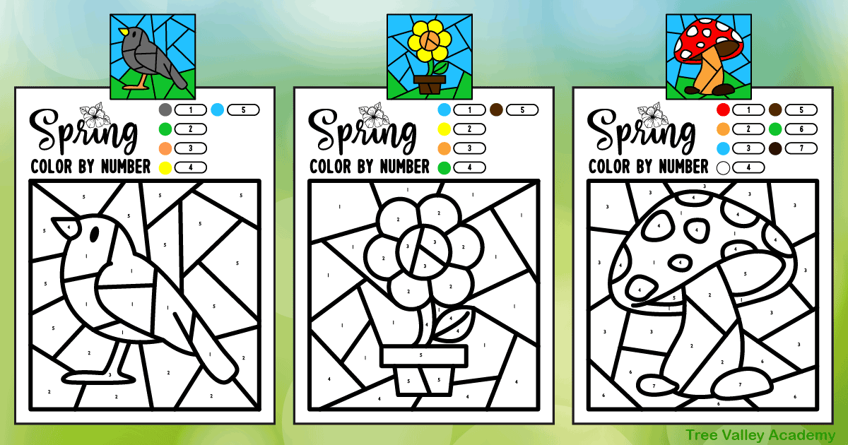 Spring color by number worksheets for preschoolers