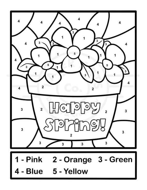 Happy spring color by number activity page classroom activity sheet kindergarten elementary preschool montessori homeschool simple coloring
