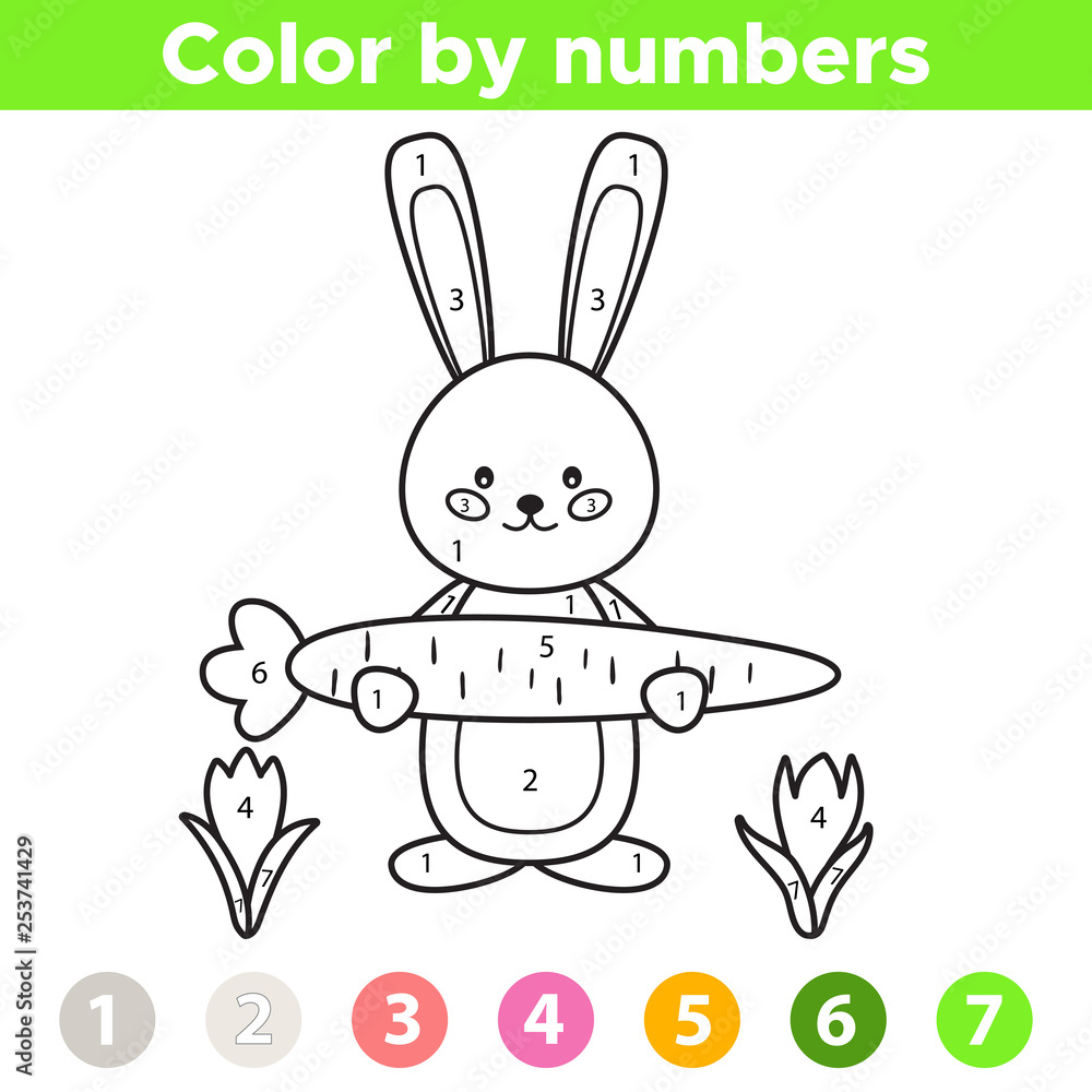 Color by number for preschool kids coloring page or book with funny kawaii bunny and big carrot spring flowers