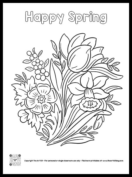 Happy spring coloring page bubble font beautiful flowers free printable â the art kit