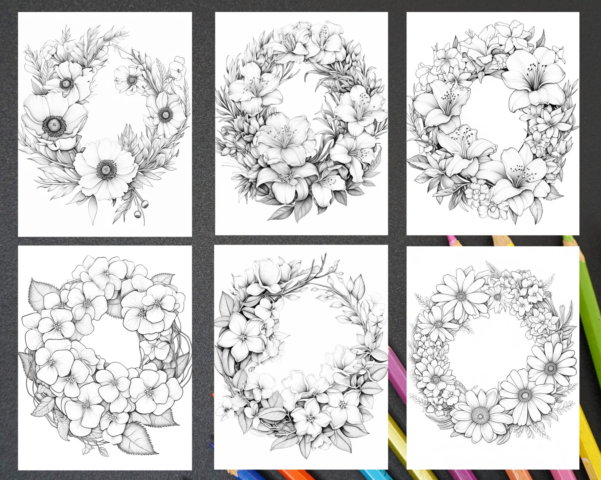 Spring floral wreaths grayscale adult coloring pages printable pdf â coloring