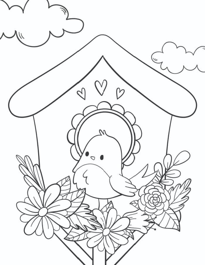 Birds nest and flowers in spring coloring page