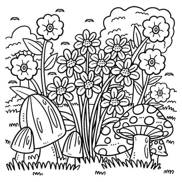 Premium vector spring mushrooms and flowers coloring page