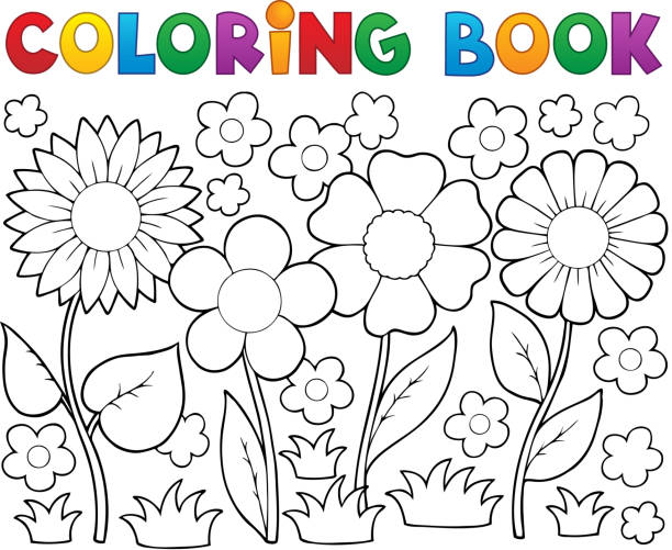 Coloring book with flower theme stock illustration
