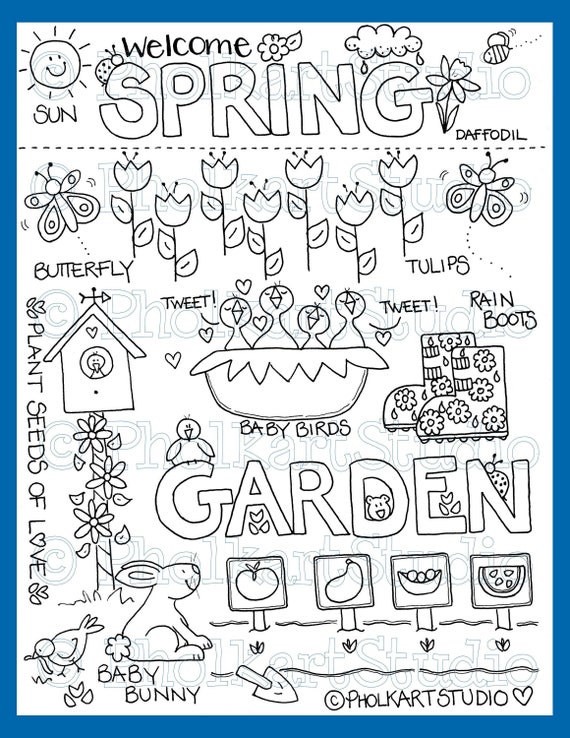 Wele spring kids coloring page cute coloring for children hand drawn baby birds bunny flowers garden butterflies pholkartstudio