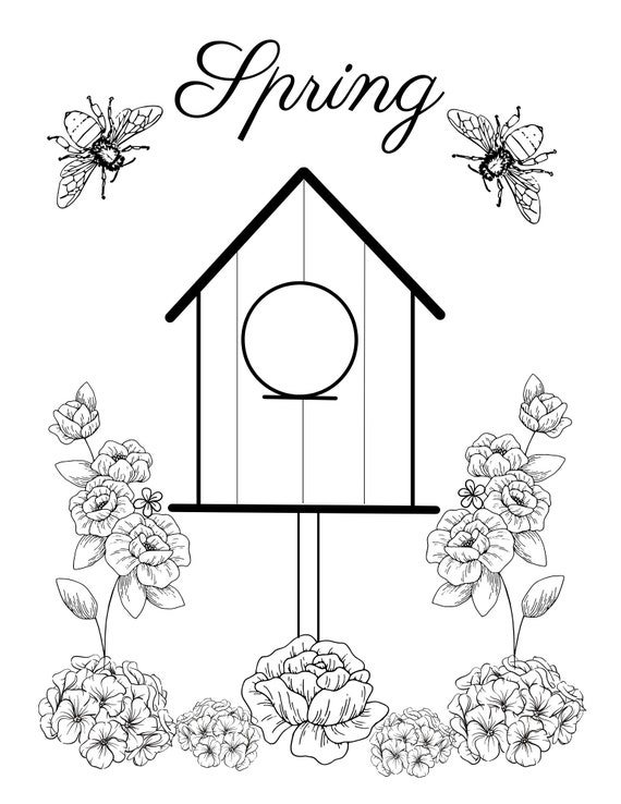 Coloring page spring coloring page birdhouse coloring children coloring instant download fun coloring sheet relaxing coloring page