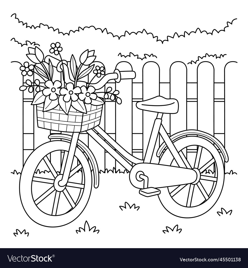 Spring bike with flowers coloring page for kids vector image