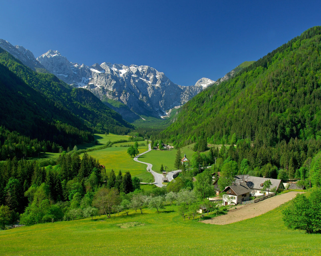 Wallpaper landscape spring alpine valley mountains fields