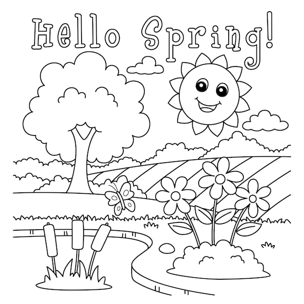 Premium vector hello spring smiling sun coloring page for kids