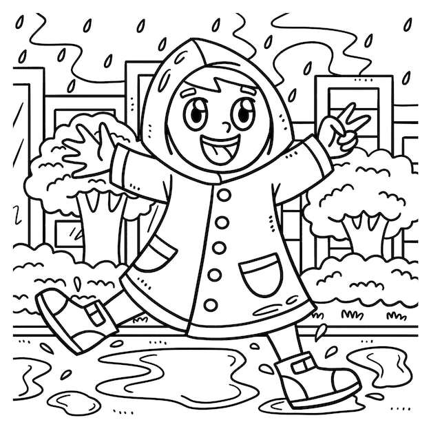 Premium vector spring boy playing under the rain coloring page