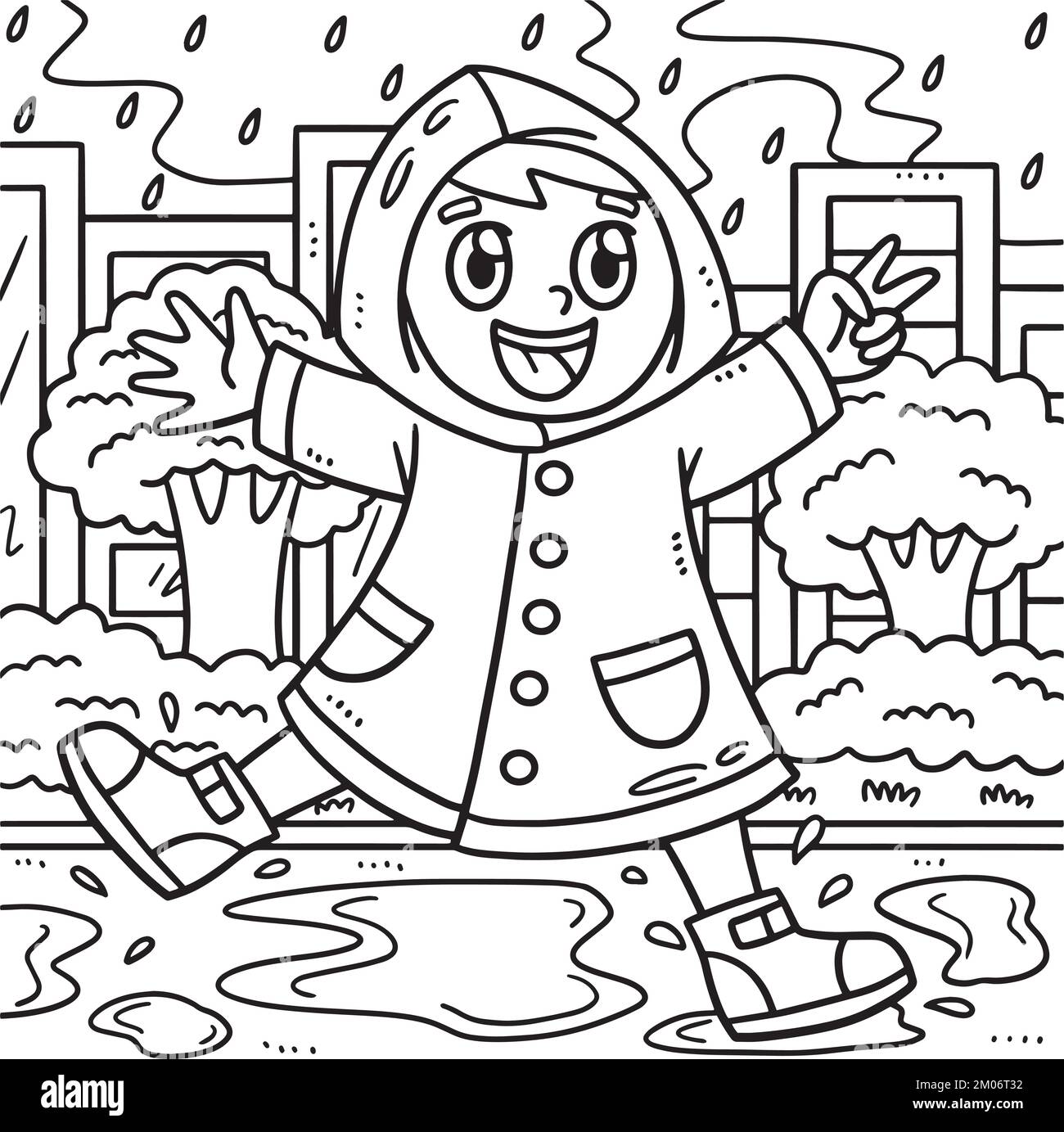 Spring boy playing under the rain coloring page stock vector image art