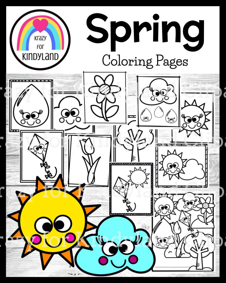 Spring coloring pages booklet sun cloud rain flower kite tulip tree