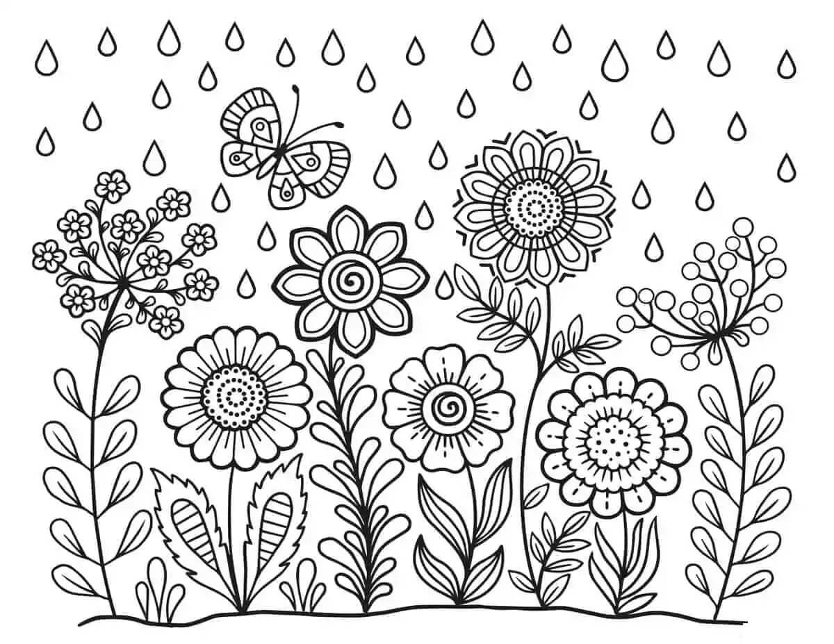 Flower garden with rain in spring coloring page