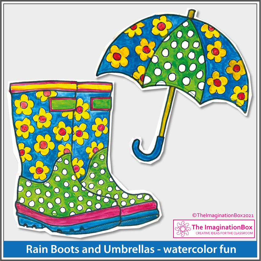 Spring coloring pages rain boots umbrella hat and mittens art activity