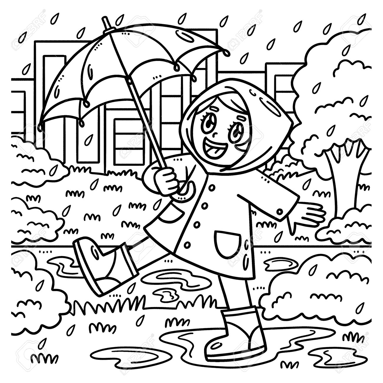 Spring girl enjoying the rain coloring page royalty free svg cliparts vectors and stock illustration image