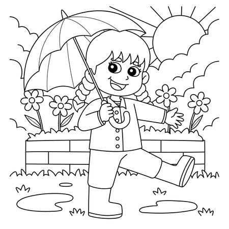 Spring girl holding an umbrella coloring page