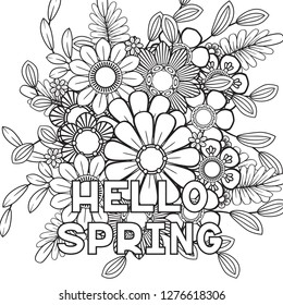 Hello spring coloring page beautiful flowers stock vector royalty free