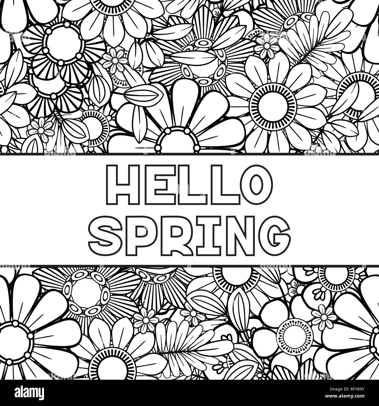 Hello spring coloring page with beautiful flowers black and white vector illustration greeting card template isolated on white background stock vector image art