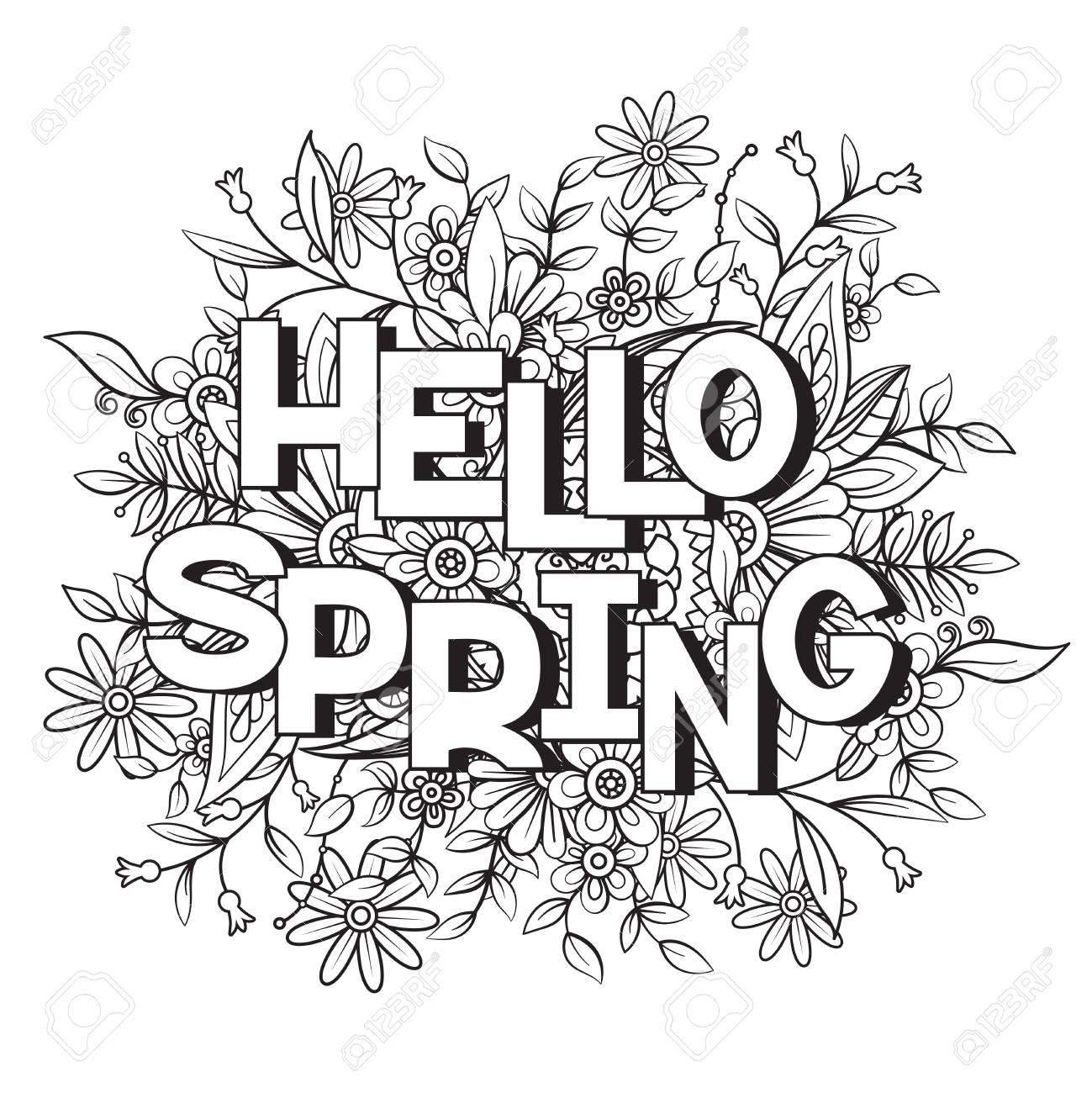 Hello spring coloring page with beautiful flowers black and white vector illustration greeting card template isolated on white background royalty free svg cliparts vectors and stock illustration image