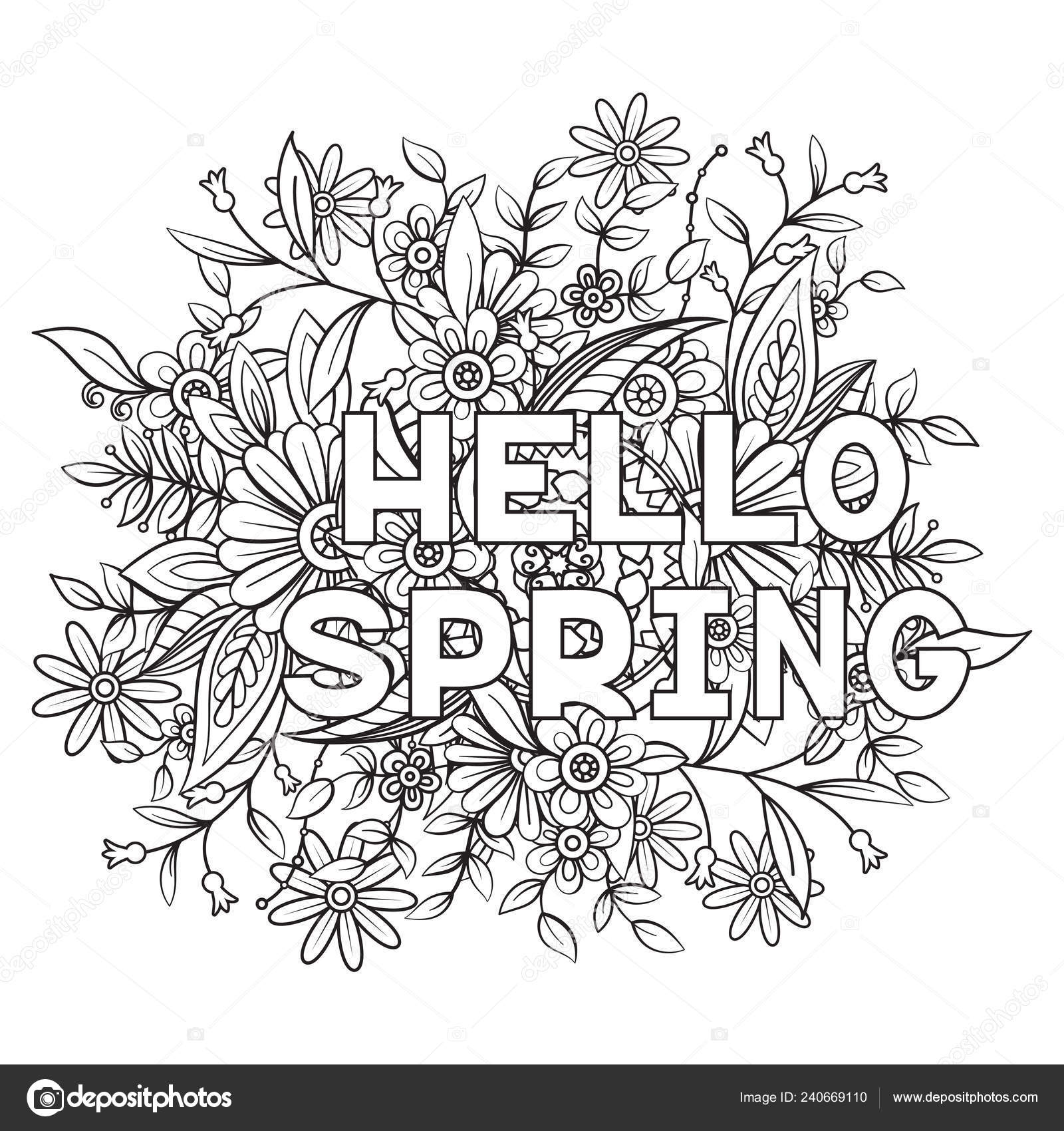 Hello spring coloring page beautiful flowers black white vector illustration stock vector by elinorka
