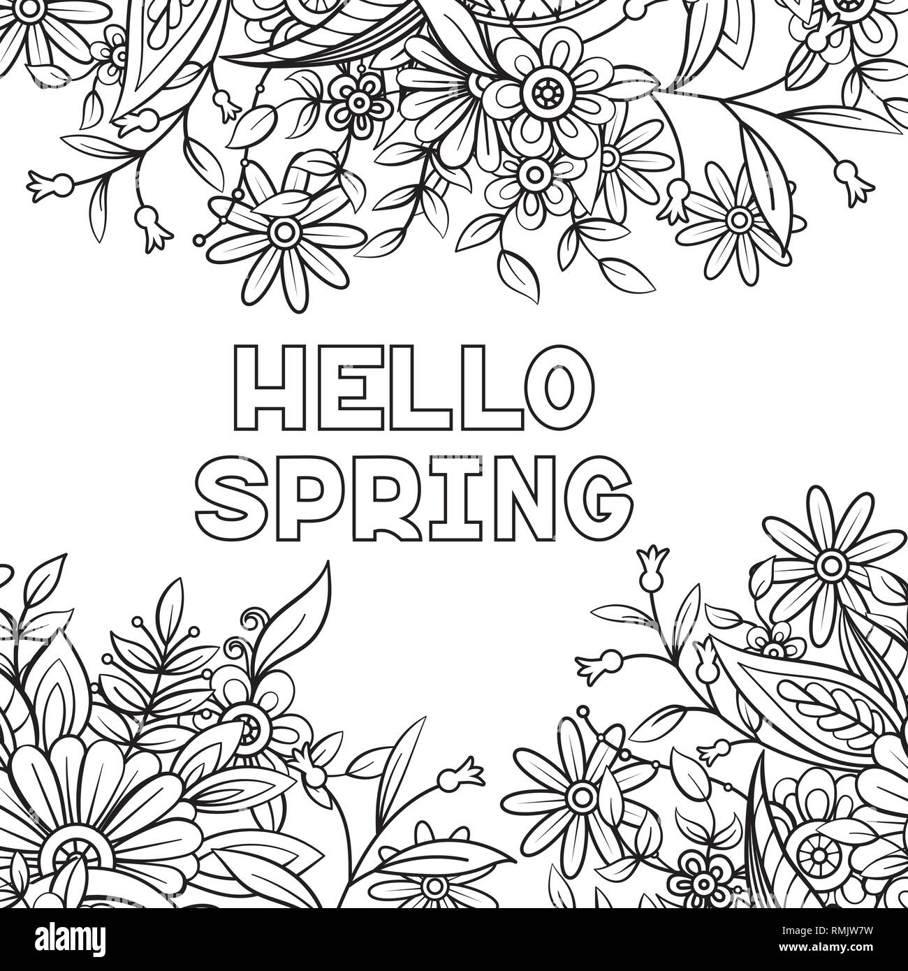 Hello spring coloring page with beautiful flowers black and white vector illustration greeting card template isolated on white background stock vector image art