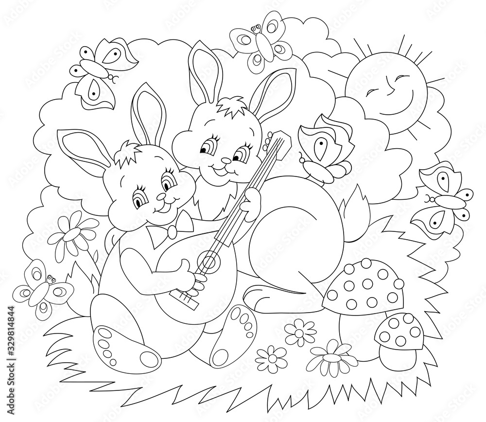 Black and white page for baby coloring book illustration of two cute rabbits playing music in the spring printable template for kids worksheet for children and adults hand