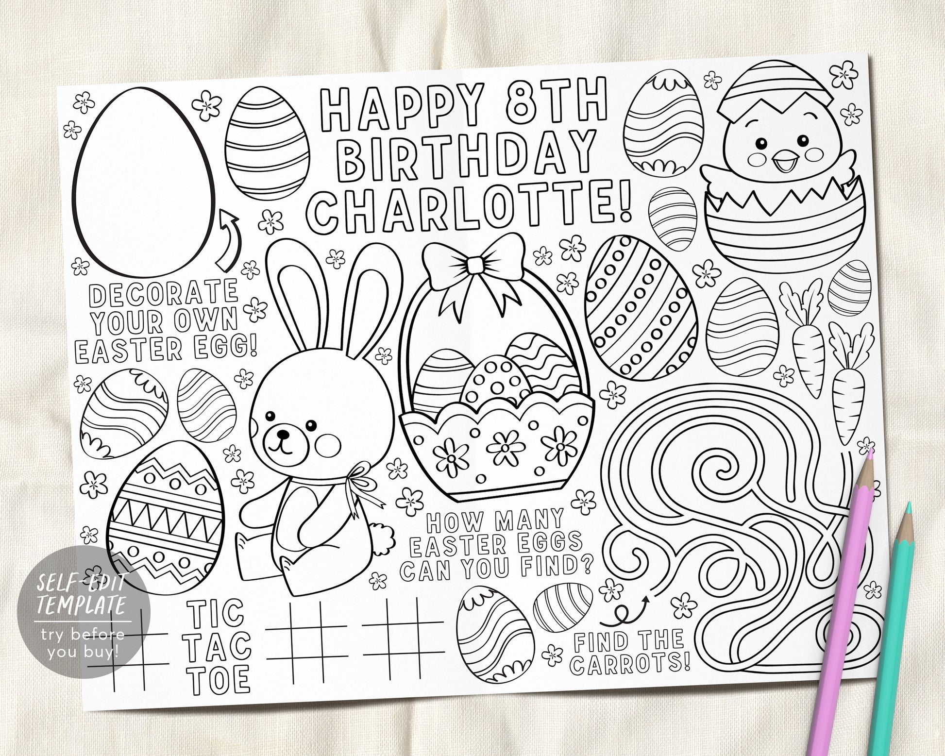Easter spring birthday party coloring placemat for kids editable templ â puff paper co