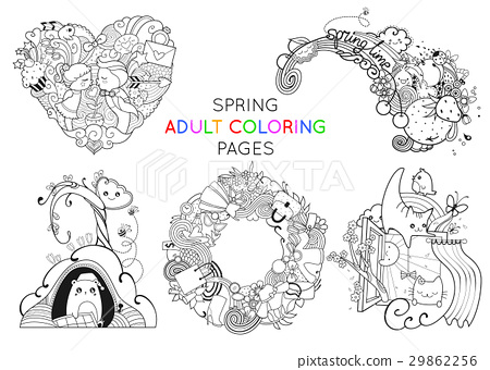 Set of spring adult coloring pages template vector