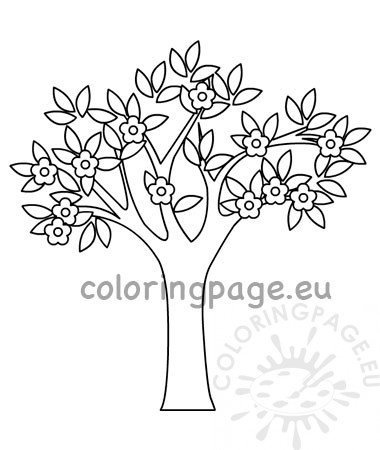 Spring tree with flowers template coloring page