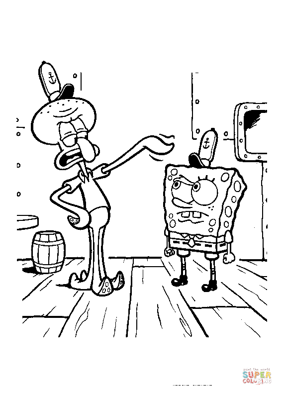 Squidward with sponge coloring page free printable coloring pages