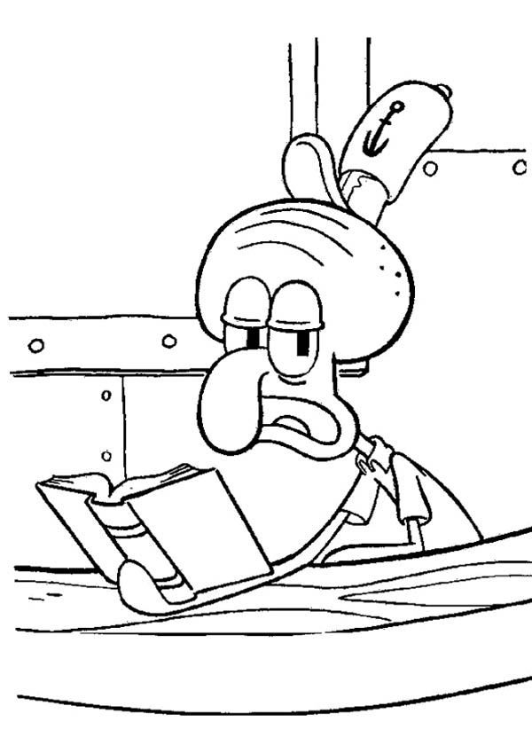 Squidward reading a book in krusty krab coloring page color luna