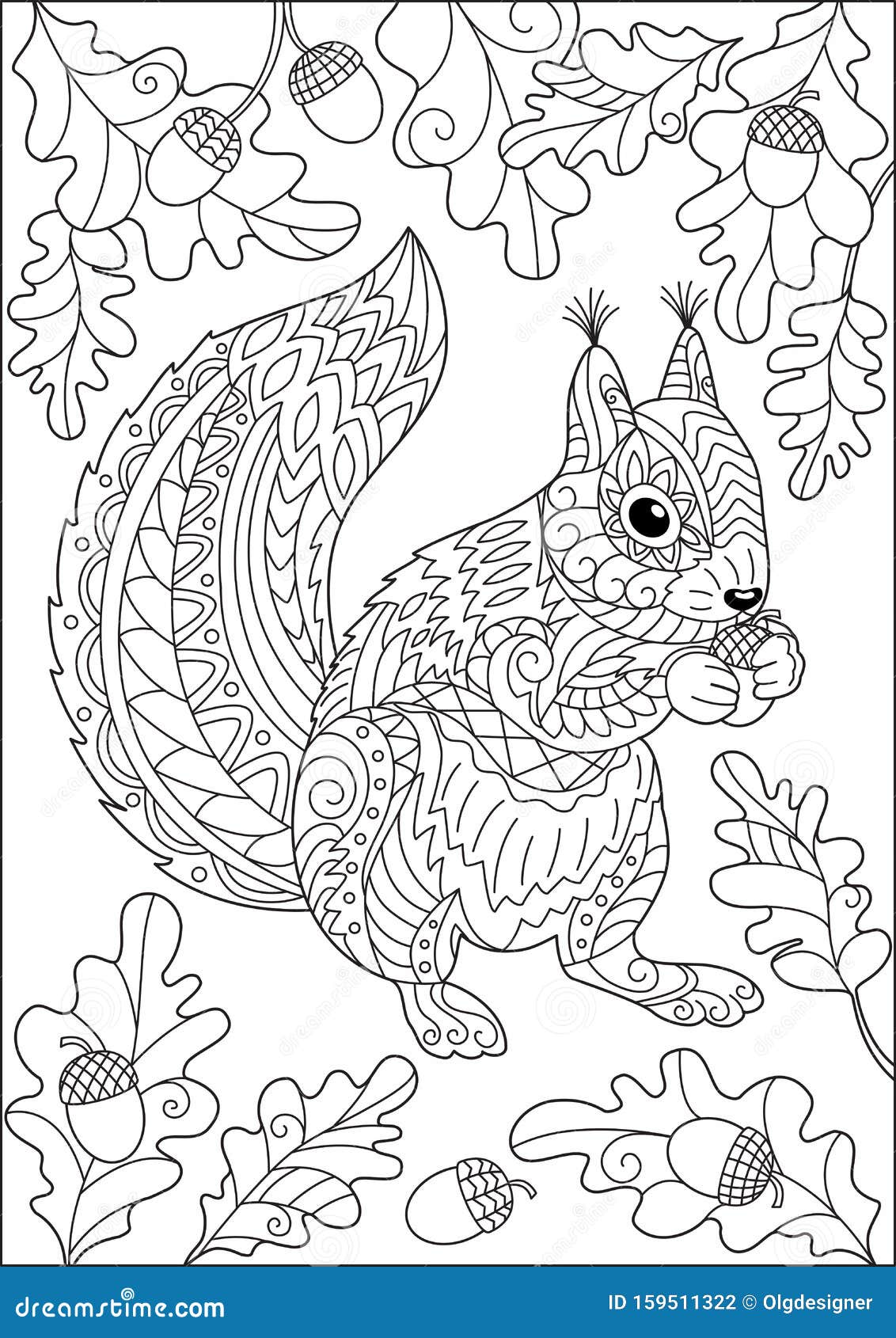 Squirrel and autumn oak leaves and acorns coloring page stock vector