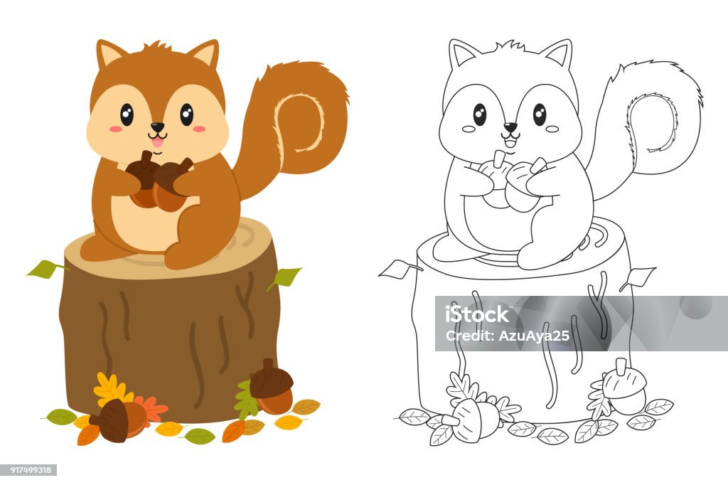 Autumn squirrel coloring page vector set stock illustration