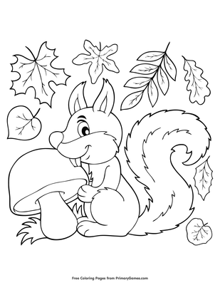 Squirrel with mushroom and leaves coloring page â free printable pdf from