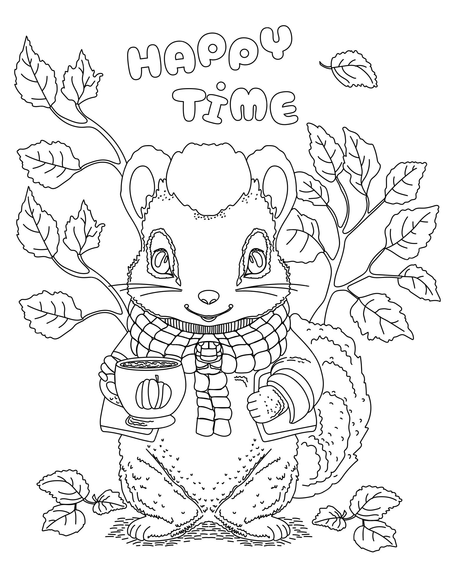 Premium vector vector hand drawn coloring page illustration for autumn celebration with cute squirrel character