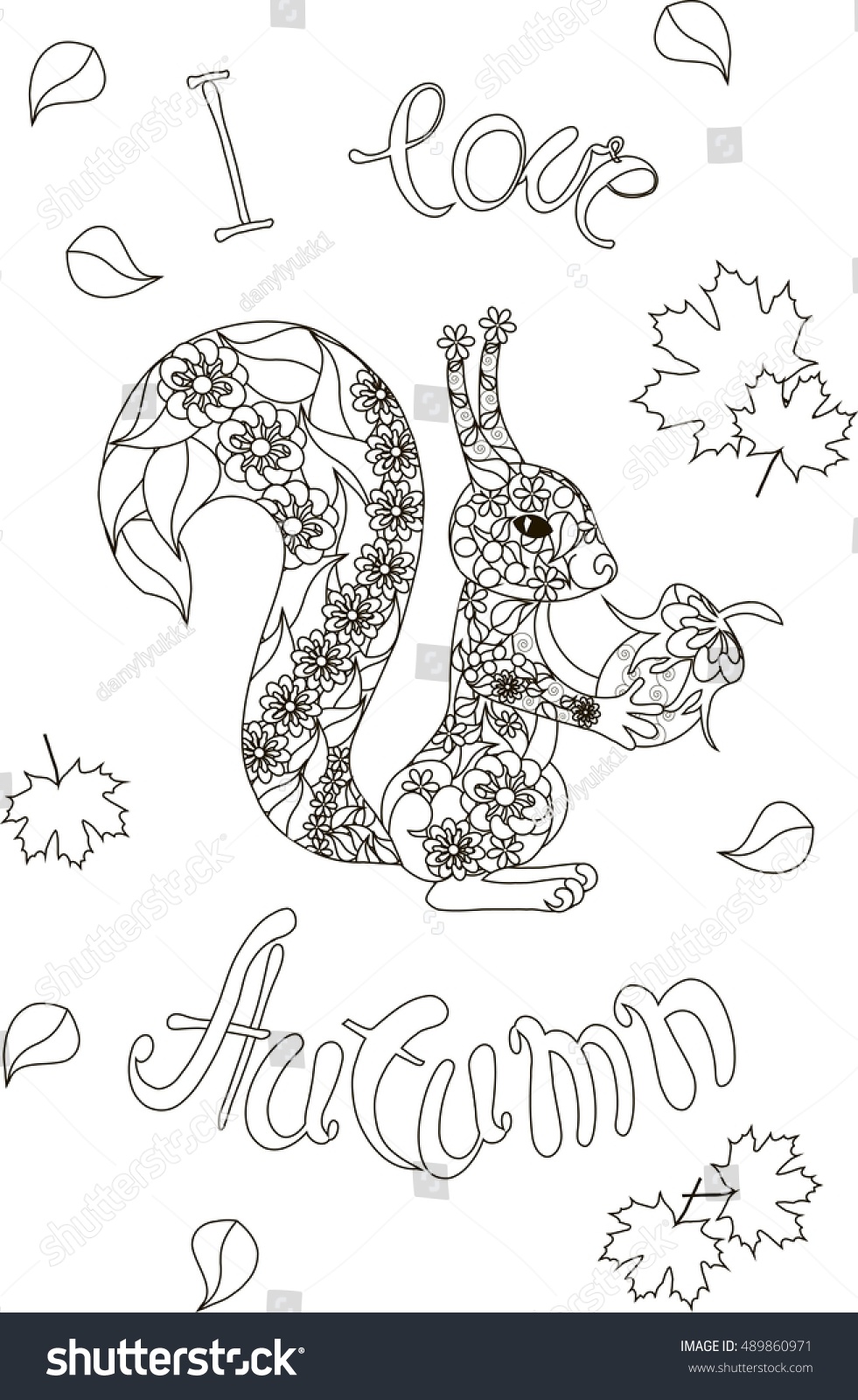 Lettering love autumn floral squirrel coloring stock vector royalty free