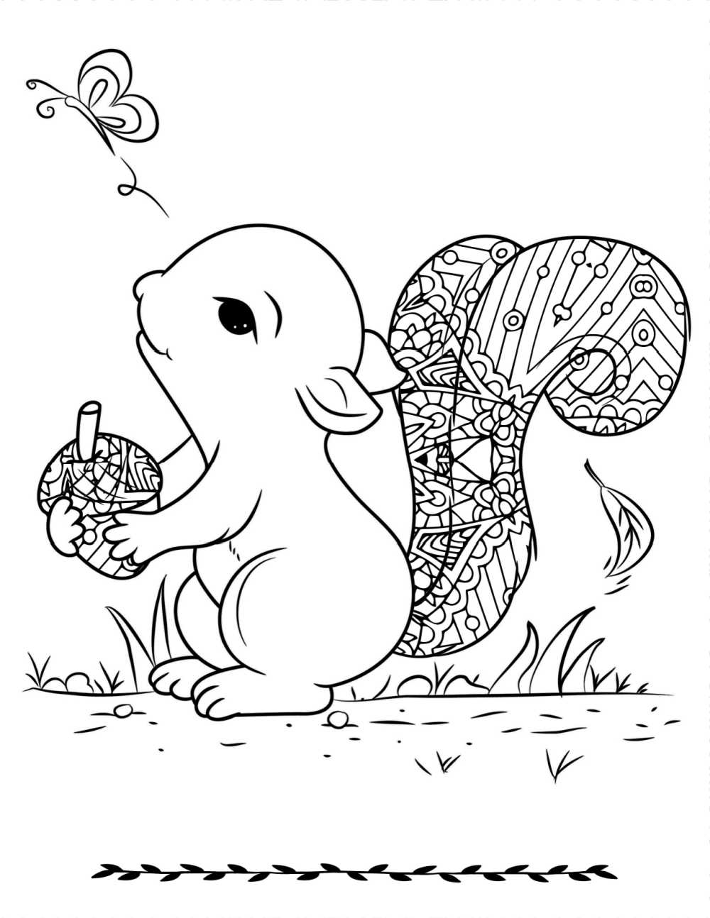 Free printable squirrel with butterfly coloring page