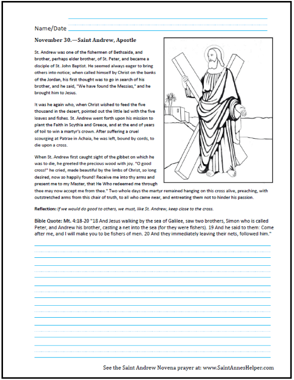 Saint andrew the apostle prayer card coloring page and worksheet