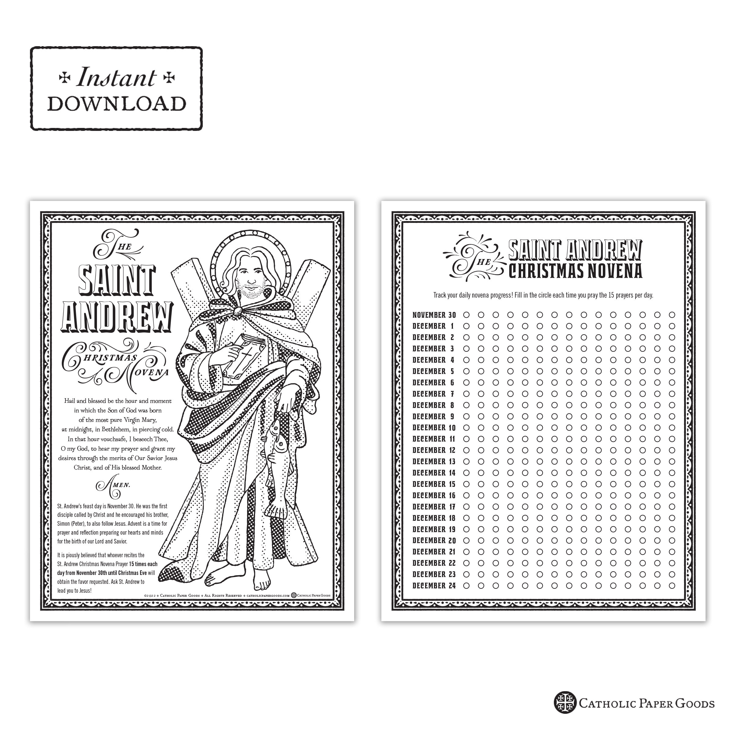 St andrew christmas novena catholic coloring page versions color black and white printable catholic advent activity digital pdf