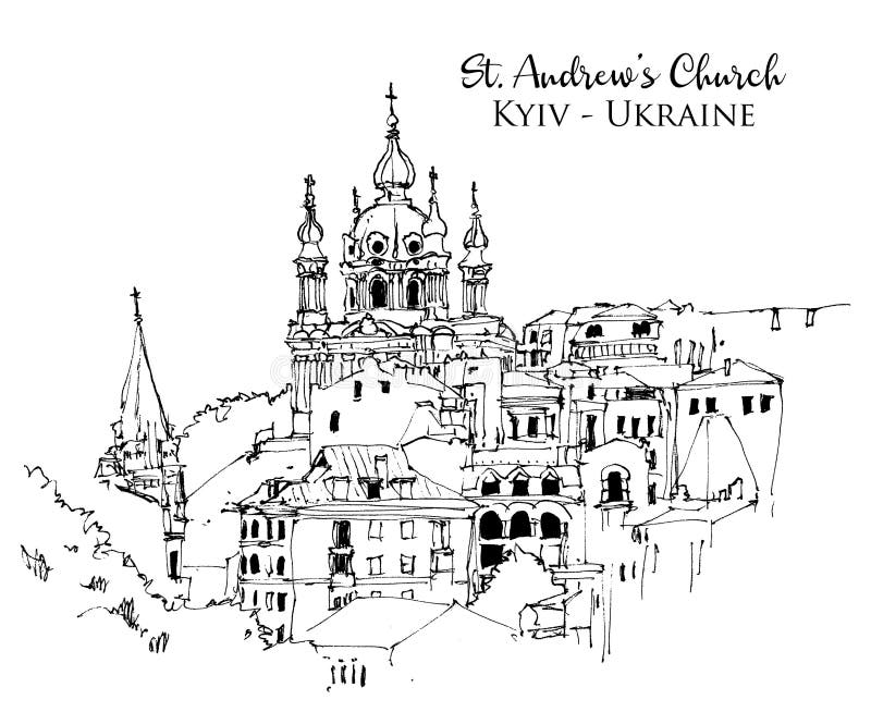 Drawing sketch illustration of st andrews church in kyiv ukraine stock illustration
