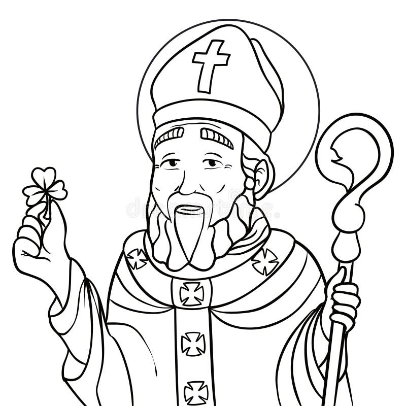 Portrait in outlines of saint patrick with crosier and shamrock vector illustration stock vector