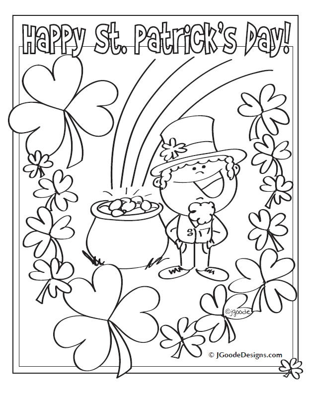 St patricks day leprechaun lucky clover and pot of gold coloring page â printables for kids â free word search puzzles coloring pages and other activities