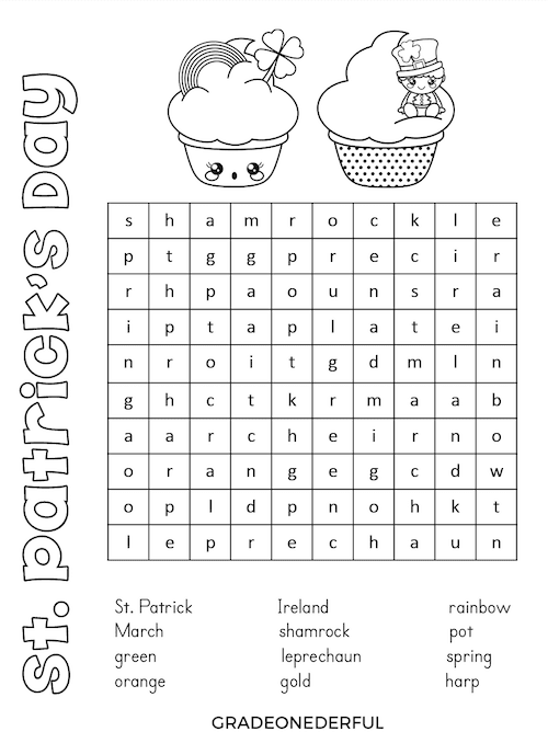 St patricks day word search and coloring page for kids grade onederful