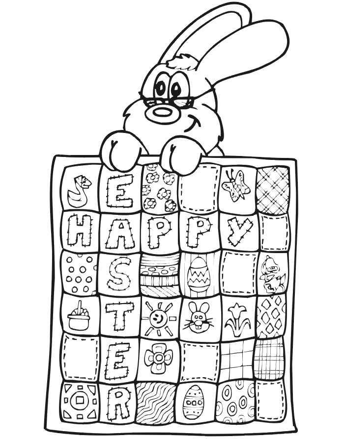 Easter coloring page bunny holding quilt