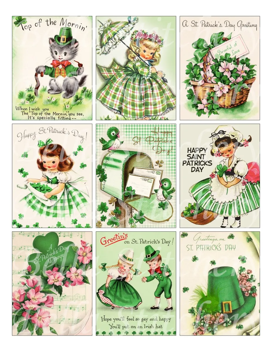 Set of nine vintage retro st patricks day clover quilt cotton fabric panels